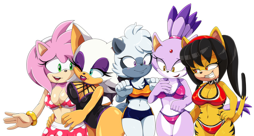 5girls absurd_res accessory amy_rose anthro anthro_only archie_comics big_breasts bikini black_hair blaze_the_cat blue_eyes blush bracelet breast_size_difference breasts chest_tuft chiropteran cleavage clothed clothing dipstick_tail domestic_cat eulipotyphlan eyelashes felid feline felis female female_only forehead_gem fur furry furry_only green_eyes grey_body grey_fur group hair hair_accessory hair_tie hairband hand_on_hip hedgehog hi_res honey_the_cat idw_comics idw_publishing jewelry lemur mammal mobian_(species) multicolored_tail navel one-piece_swimsuit one_eye_closed open_mouth open_smile pink_body pink_fur pink_hair primate purple_body purple_eyes purple_fur purple_hair red_eyes ring-tailed_lemur rouge_the_bat scittykitty sega simple_background smile sonic_(series) sonic_the_fighters sonic_the_hedgehog_(archie) sonic_the_hedgehog_(comics) sonic_the_hedgehog_(idw) sonic_the_hedgehog_(series) strepsirrhine striped_body striped_fur stripes swimwear tan_body tan_fur tan_skin tangle_the_lemur tuft twintails white_body white_fur white_hair wink yellow_body yellow_eyes yellow_fur