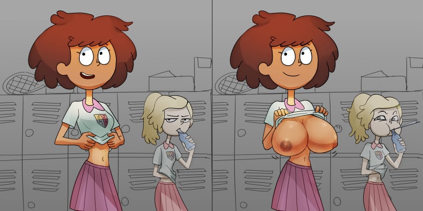 2girls 2koma absurd_res alternate_breast_size amphibia anne_boonchuy artist_request blonde_hair breast_jiggle breasts brown_hair brown_nipples brown_skin bushy_hair dark-skinned_female disney disney_channel exposed exposed_breasts female female_focus female_only female_protagonist flashing hammerspace hi_res hidden_buxom large_breasts locker_room motion_lines multiple_girls navel nipples saint_james_school_uniform sasha_waybright school_uniform schoolgirl self_exposure shirt_lift shirt_up short_hair spittake straight_hair surprise surprised teenage_girl teenager thai young