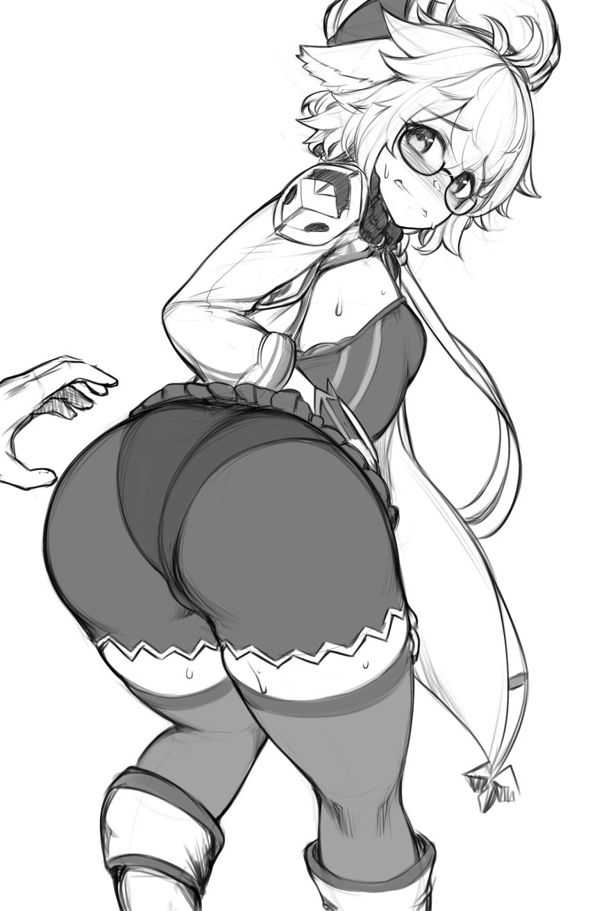 ass blush embarrassed female fully_clothed genshin_impact glasses greenopi highres huge_ass leaning_forward looking_back monochrome out_of_frame panties panties_under_pantyhose pantyhose short_hair sucrose_(genshin_impact) underwear wavy_mouth