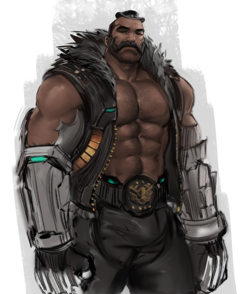 2018 abs activision armor belt biceps black_hair black_pants black_topwear black_vest blizzard_entertainment bob_(overwatch) body_hair bowler_hat chaps dark_skin deltoids dopq facial_hair fur-lined_jacket gauntlets hairy hairy_chest handlebar handlebar_mustache handwear hat headwear hi_res hires human looking_at_viewer male male_only moustache overwatch pecs shirtless solo topwear vest yy6242