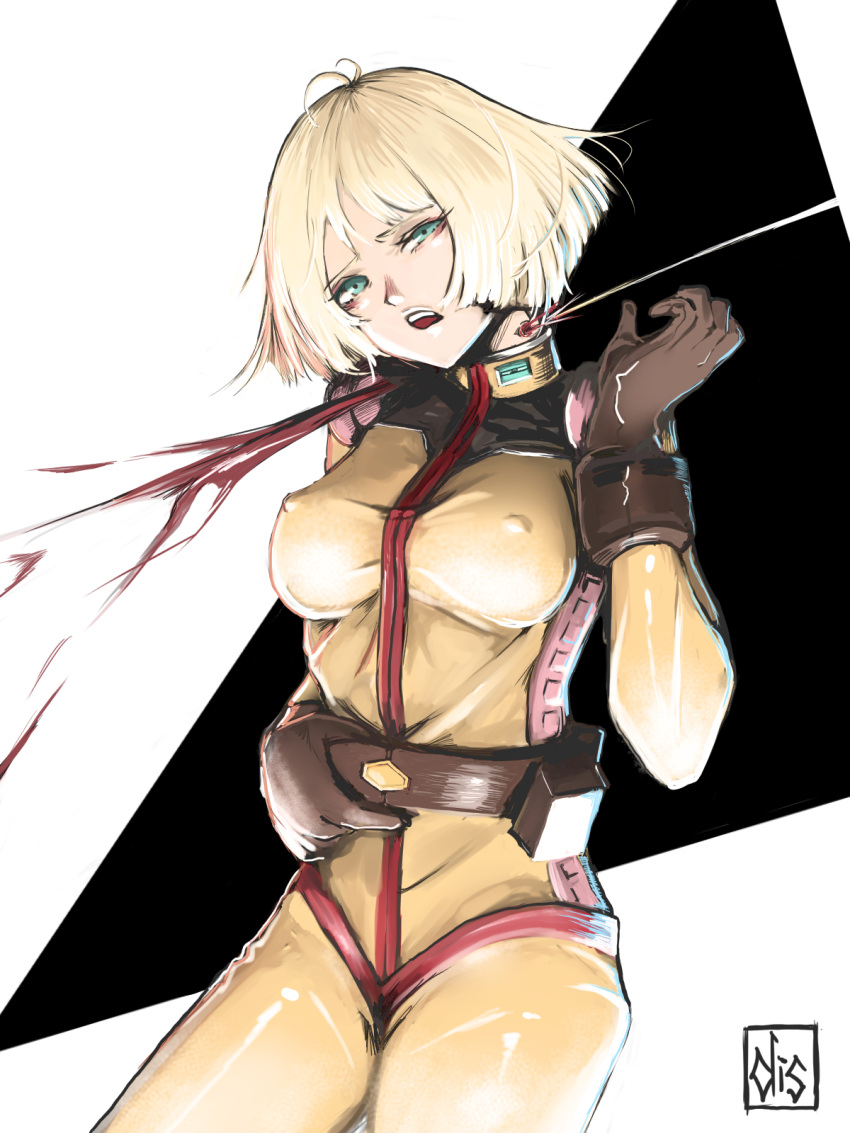 1girls belt black_background blonde_hair blood blood_splatter blue_eyes bodysuit death discomfort enhanced_breasts female_death fully_clothed gloves gore green_eyes gunshot guro hand_on_hips looking_at_viewer medium_breasts murder neck_wound ryona short_hair shot snuff solo solo_female standing uncomfortable visible_nipples white_background