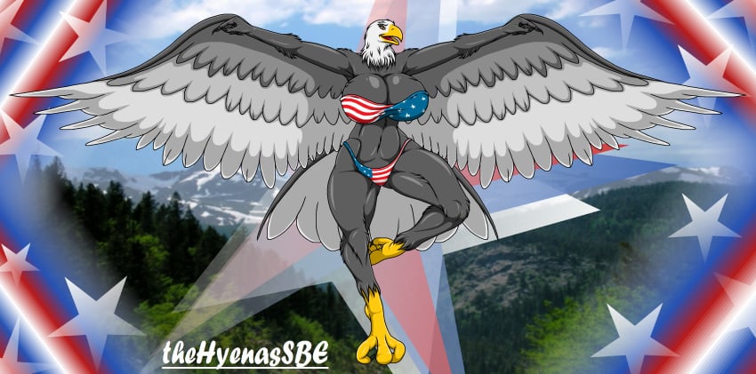 4_toes abs absurd_res accipitrid accipitriform aliasing american_eagle american_flag american_flag_bikini anthro avian bald_eagle beak biceps big_breasts bikini bird bird_feet breasts claws clothed clothing digital_media_(artwork) eagle feathered_wings feathers female flying hi_res huge_breasts looking_at_viewer muscular muscular_anthro muscular_female navel non-mammal_breasts nude open_mouth outside pecs sea_eagle sky solo swimwear thehyenassbe thick_thighs toe_claws toes tongue topwear underwear wide_hips wings