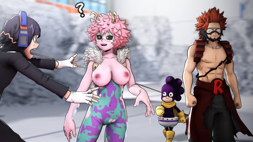 2boys 2girls 3d abs black_sclera breasts breasts_out cleavage earlobe_jacks eijirou_kirishima female fingerless_gloves gloves greatm8 hero_outfit_(mha) horns kirimina kyoka_jiro male mask mina_ashido minoru_mineta multiple_boys multiple_girls muscular_male my_hero_academia nipples open_mouth pink_hair pink_skin purple_hair quirk_(mha) red_hair smile source_filmmaker teeth torn_clothes yellow_eyes