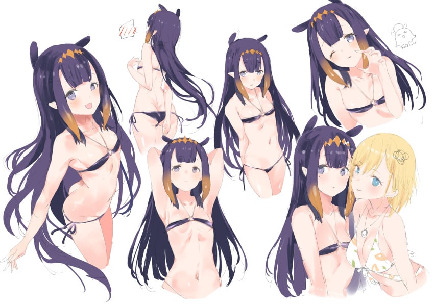 >_< 2020 2girls arm_behind_back armpits arms_behind_back arms_behind_head arms_up ass asymmetrical_docking bikini blonde_hair blue_eyes blush breasts butt_crack claw_pose cleavage covering covering_ass dated doodle embarrassed eyebrows_visible_through_hair fan_mascot_(vtuber) female female_only flat_chest front-tie_bikini gradient_hair hair_ornament highres hololive hololive_english hololive_myth kogeneko large_breasts leaning_forward long_hair looking_at_viewer micro_bikini mole mole_under_eye monocle multicolored_hair multiple_girls multiple_views navel necklace ninomae_ina'nis o-ring o-ring_bikini one_eye_closed open_mouth purple_eyes purple_hair short_hair side-tie_bikini simple_background smile speech_bubble spoken_blush standing swimsuit tako_(ninomae_ina'nis) thigh_gap thighs tiara two_tone_hair virtual_youtuber watch watson_amelia white_background yellow_hair