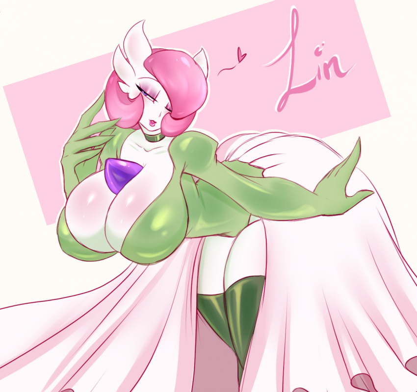 1girls 2019 anthro arms belise7 big_breasts breasts collar commission female gardevoir green_clothing lips original_character pokémon_(species) pokemon pokemon_(species) pokemon_rse purple_hair solo stockings wide_hips