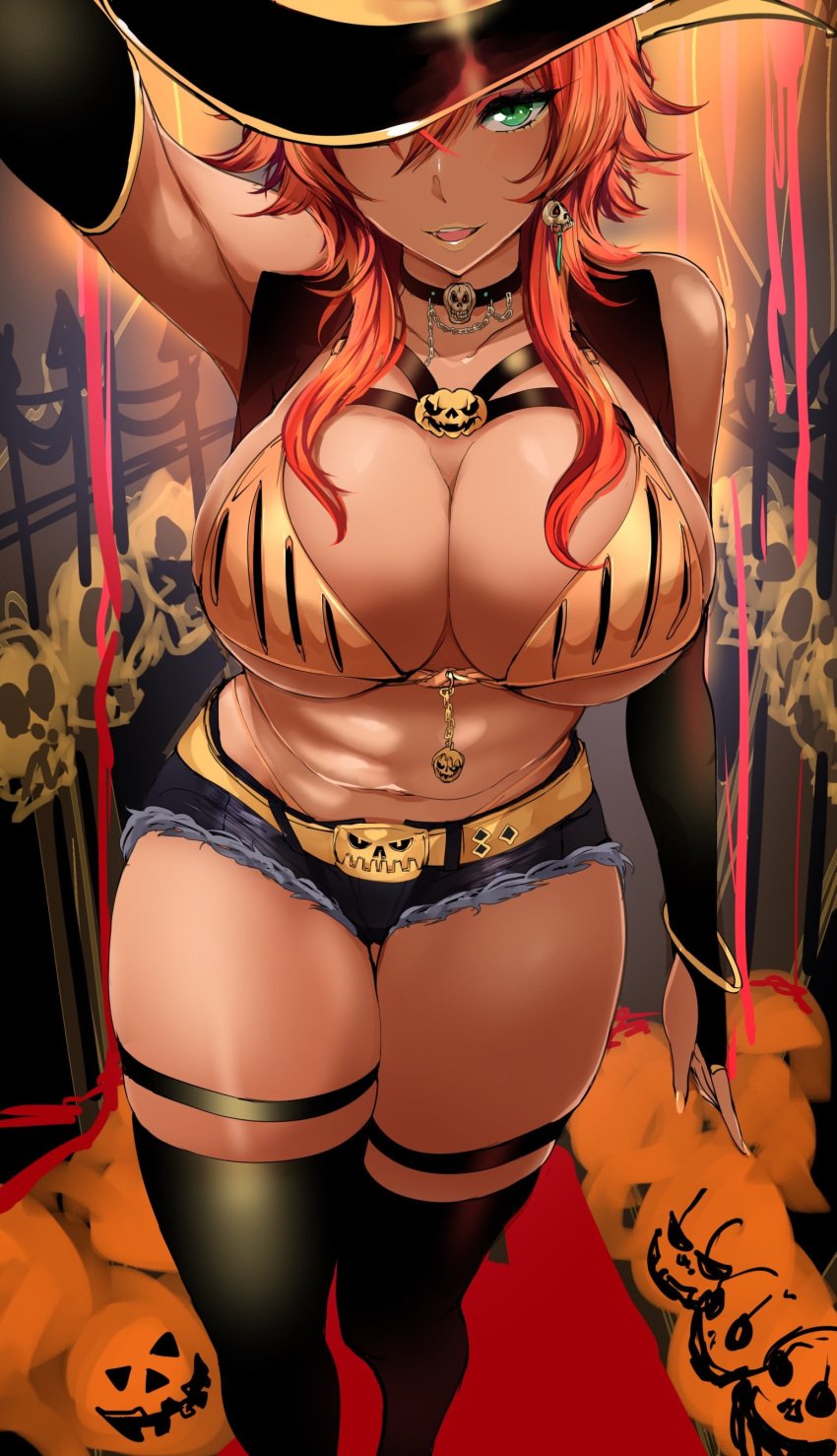 agetama breasts female green_eyes large_breasts orange_hair original original_character solo source_request tagme tan_skin thick_thighs witch witch_hat