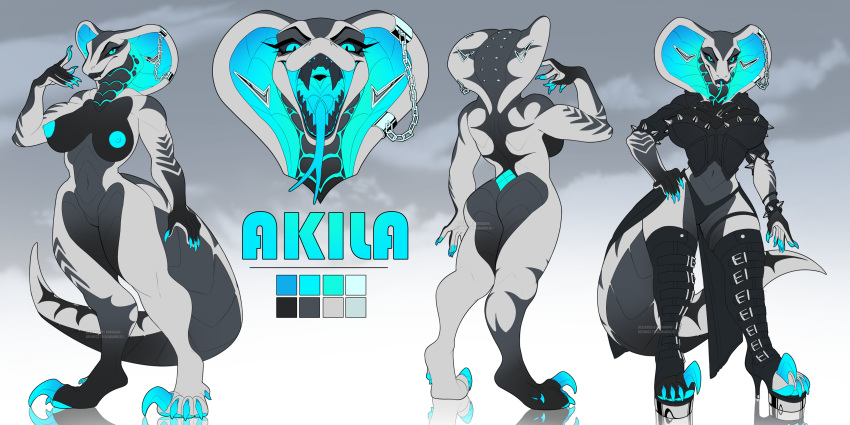 2:1 absurd_res akila_(blakaholic) anthro breasts clothing female hi_res kuroame model_sheet nipples non-mammal_breasts nude open_mouth reptile scalie snake solo teeth tongue