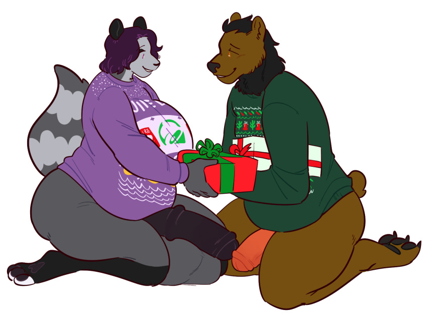 ambiguous_gender anthro balls belly big_breasts big_penis black_hair breasts brown_bear christmas christmas_clothing clothing duo fur genitals grizzly_bear hair herm holidays huge_cock intersex intersex/male itsthenutzone lepidusdelsol_(character) lexy_(coachman) male mammal overweight penis procyonid purple_eyes purple_hair raccoon simple_background smile thick_thighs ursid ursine