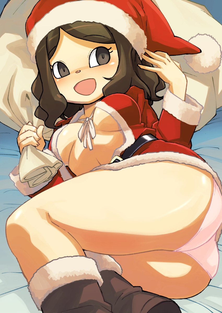 2020 animal_crossing animal_crossing_girl ass bag breasts brown_eyes brown_hair christmas cleavage covered_breasts happy mob_face muramasa_mikado murana_(muramasa_mikado) nintendo only_player panties pantyshot pink_panties santa_costume santa_hat thick_thighs thighs upskirt villager_(animal_crossing)