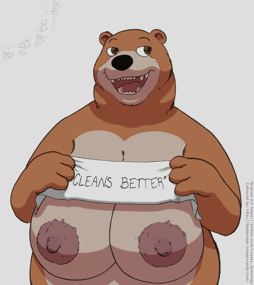 badgengar bear brown_eyes brown_fur charmin charmin_bear female feral_only furry huge_breasts large_areolae lazzzy_drawings milf sagging_breasts slightly_chubby smiling solo ursid ursine writing