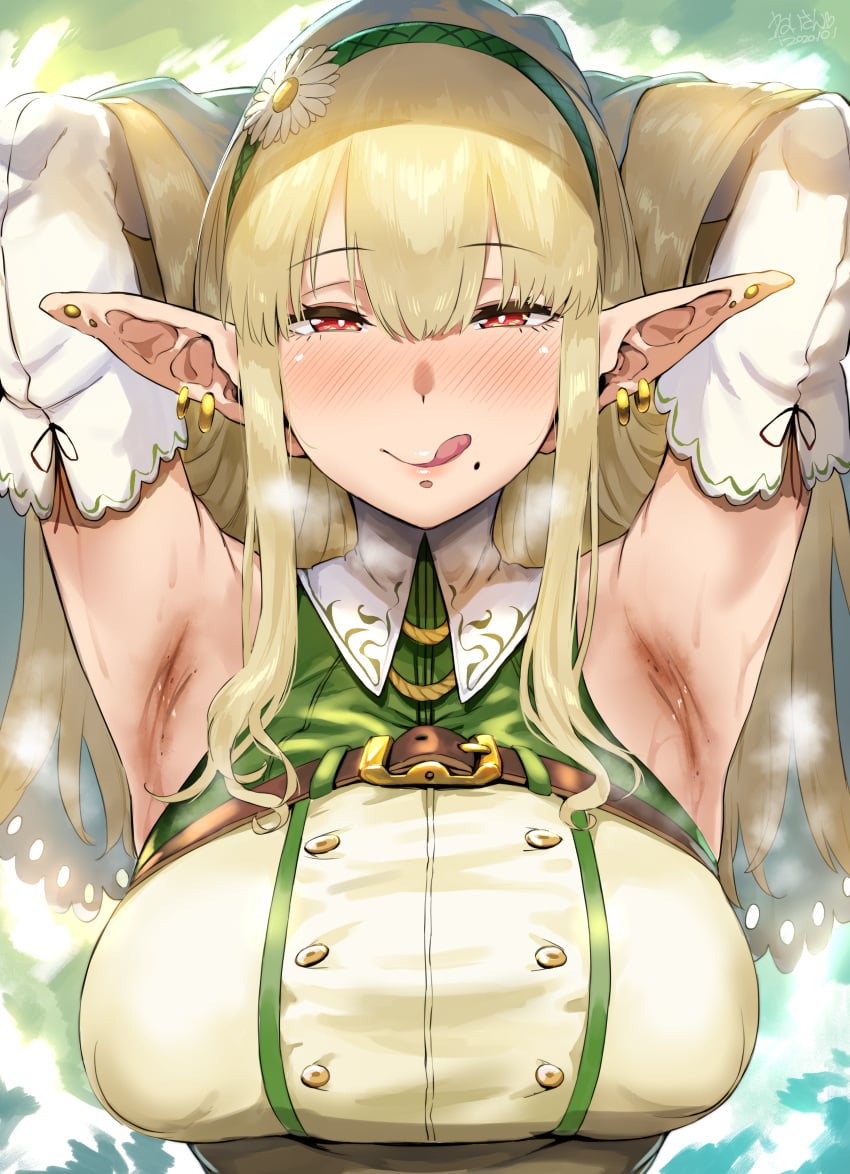 1girls 2020 absurdres areola_bulge armpits arms_behind_head arms_up bangs blonde_hair blush braid breasts clavicle closed_mouth earrings elf erect_nipples_under_clothes female female_focus hero_neisan high_resolution highres jewelry large_breasts licking_lips long_hair looking_at_viewer mole mole_on_armpits mole_under_mouth naughty_face nipples original pointy_ears red_eyes seductive_smile smell smile solo steaming_body tied_hair tongue tongue_out upper_body