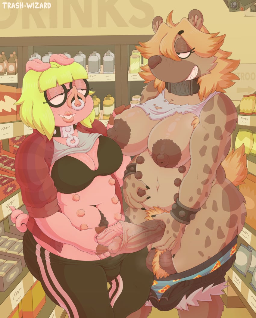 2futas absurd_res anthro balls belly_hair blonde_hair body_hair boon_digges bra breasts camera choker clothing docking domestic_pig duo eyelashes eyewear facial_piercing foreskin_play furry futa_on_futa futa_only futa_with_futa futanari genitals glasses groping_breasts gynomorph gynomorph/gynomorph hair hi_res hyaenid intersex intersex/intersex jewelry mammal mostly_nude multi_nipple necklace nipple_fetish nipple_play nipples nose_piercing nude nude_futanari penile penis piercing pubes public sex smile smirk spotted_hyena store suid suina sus_(pig) underwear