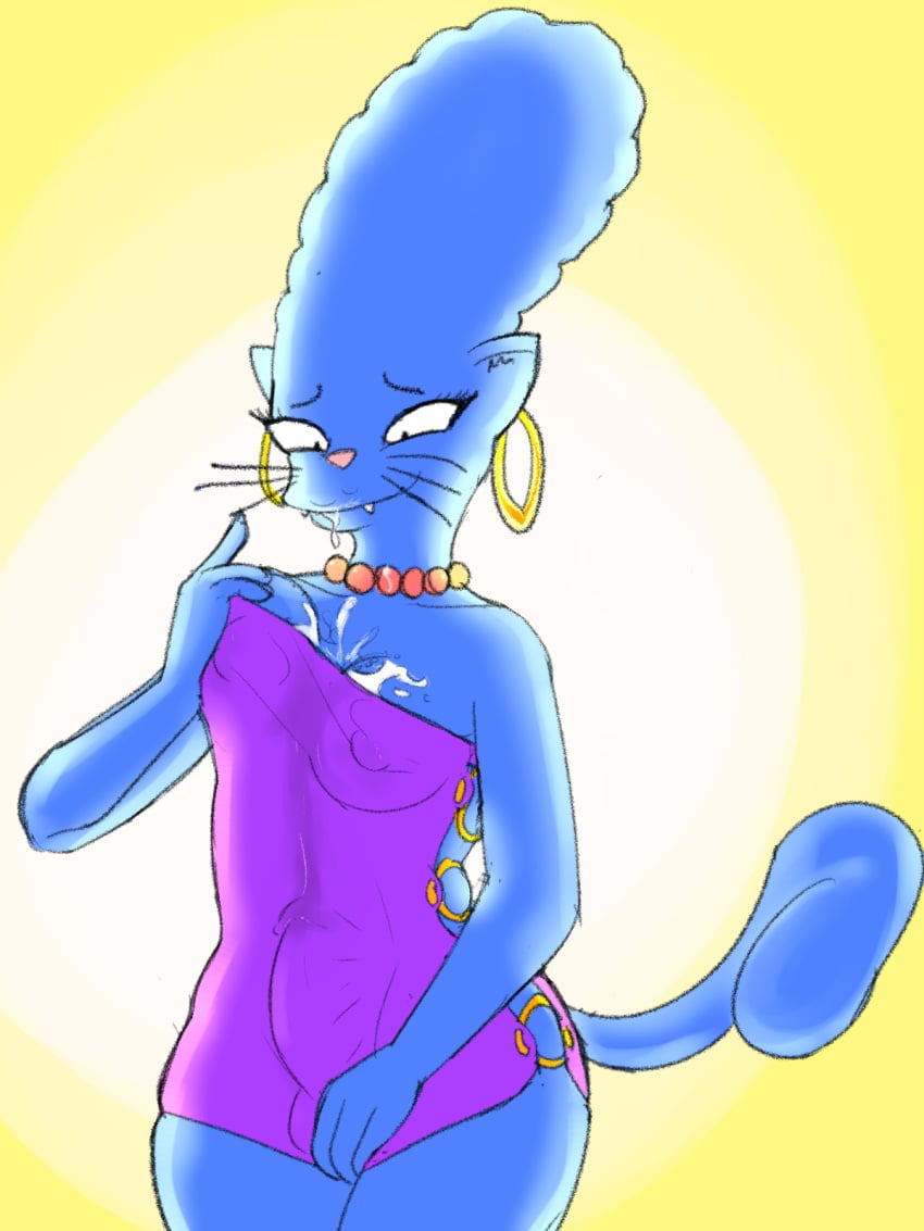 2020 3:4 anthro ball_bulge blue_body blue_fur bodily_fluids breast_fondling breasts bulge cat_marge cleavage clothed clothing cum cum_on_breasts cum_on_clothing cum_on_face cum_on_self digital_media_(artwork) dress ear_piercing ear_ring felid fondling ftg_crossgender fti_crossgender fur genital_fluids gynomorph hand_on_breast hi_res intersex jewelry looking_at_self mammal marge_simpson mature_gynomorph mature_intersex necklace nipple_outline pantherine piercing purple_clothing purple_dress rule_63 self_fondle solo the_simpsons zambs