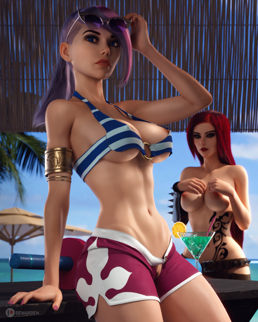 2020 2girls bar big_breasts bikini bikini_bottom bikini_top blue_eyes breasts cleavage clothed clothing dewardenart fiora_laurent katarina_du_couteau league_of_legends light-skinned_female long_hair looking_at_viewer multiple_girls nipples_visible_through_clothing pool_party_fiora pool_party_series purple_hair red_hair riot_games summer sunglasses sunglasses_on_head tattoo toned toned_female tropical