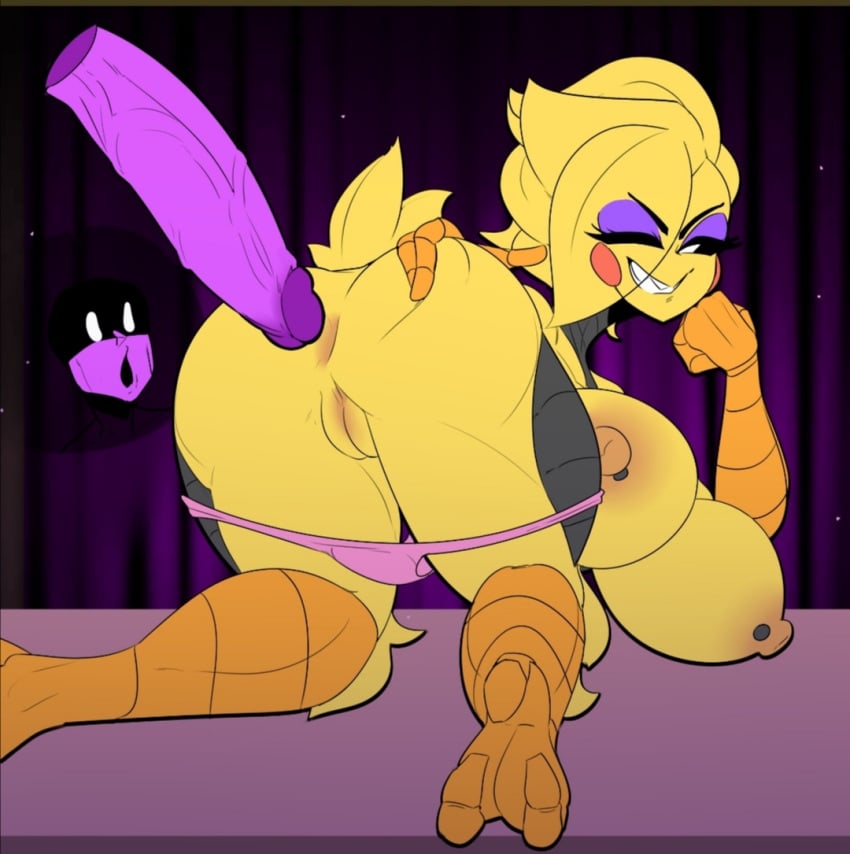 animatronic big_ass big_breasts big_penis big_thighs curtain eyeshadow five_nights_at_freddy's hyper hyper_penis pog presenting_anus presenting_hindquarters presenting_pussy purple_guy_(fnaf) purple_penis ray54612277 shocked smirk speading_butt thong toy_chica_(eroticphobia) toy_chica_(fnaf) william_afton