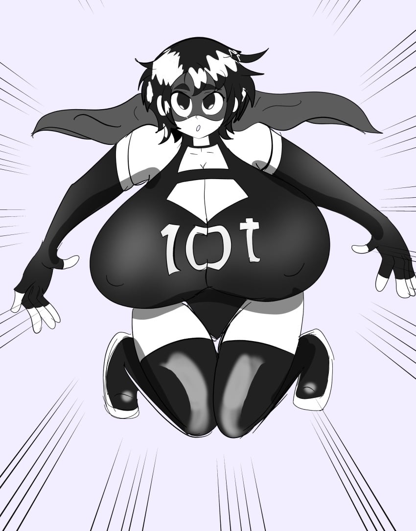 10t 1girls cape cleavage female gemnose greyscale huge_breasts leotard monochrome my_hero_academia short_hair solo thighhighs