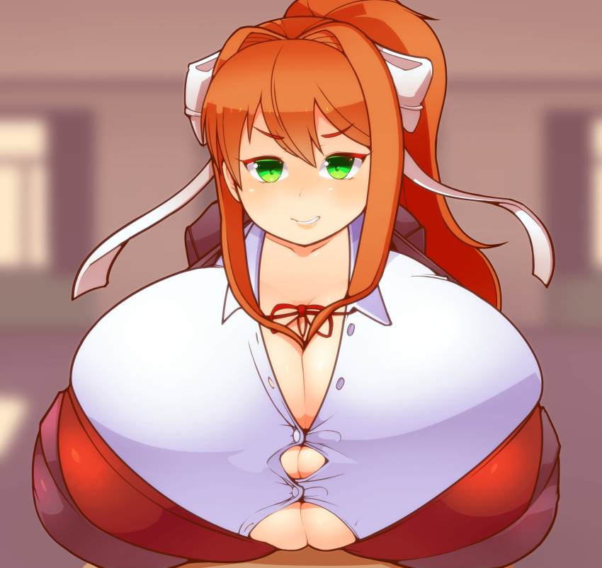 1girls big_breasts breast_expansion breasts breasts_bigger_than_head brown_hair bursting_breasts cleavage cleavage_cutout cleavage_overflow doki_doki_literature_club female_only gigantic_breasts green_eyes huge_breasts hyper hyper_breasts large_breasts looking_at_viewer monika_(doki_doki_literature_club) oukadan pov pov_eye_contact ribbon straining_buttons tease teasing tight_clothes tight_clothing tight_fit top_heavy white_ribbon