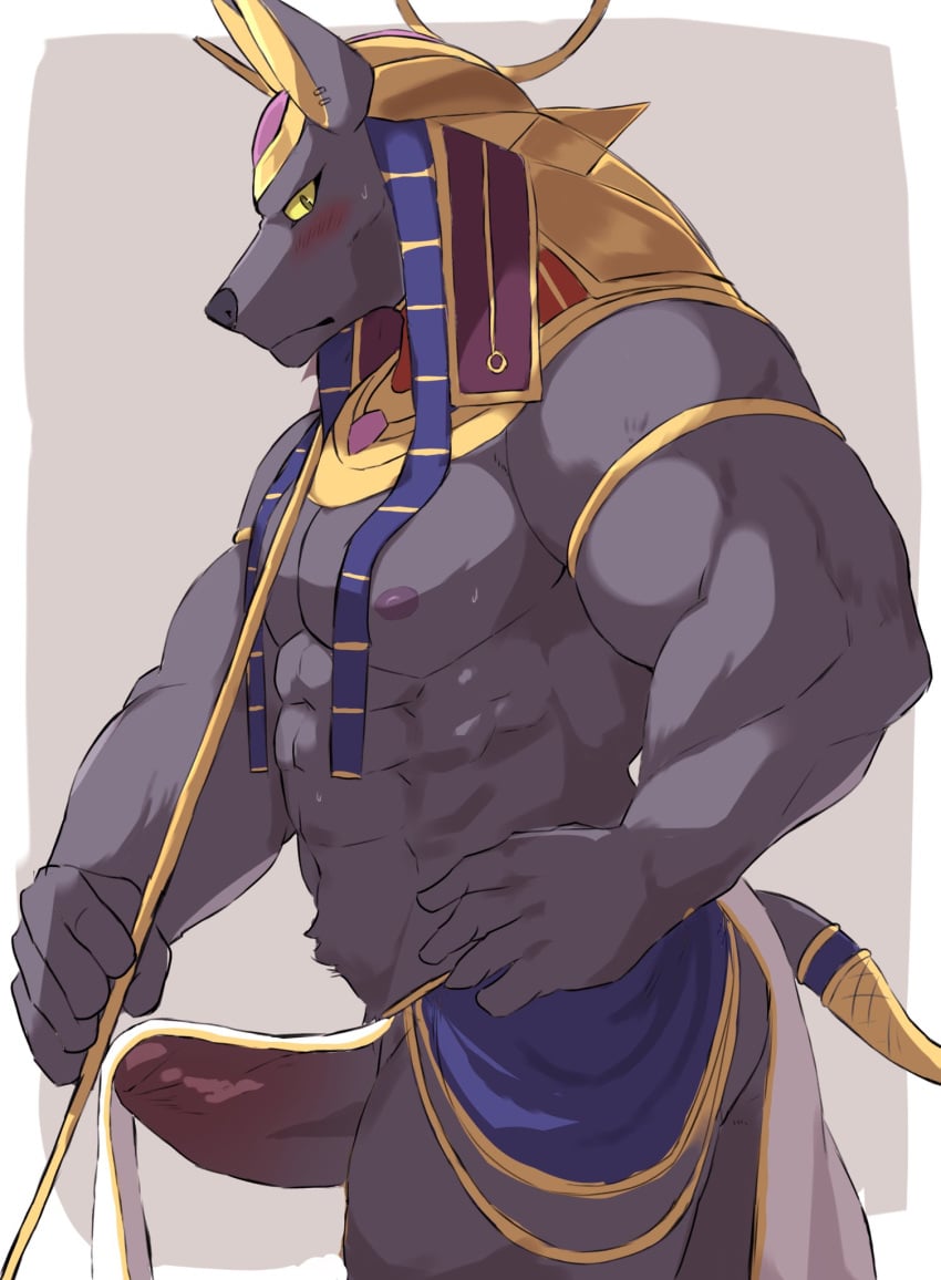 2020 abs anthro anubian_jackal anubis armband ass biceps big_penis black_body black_fur blush bodily_fluids cane canid canine canis clothed clothing deity ear_piercing ear_ring egyptian_clothing egyptian_headdress egyptian_mythology erection fur genitals hand_on_hip hi_res jackal jewelry looking_at_viewer male male_only mammal middle_eastern_mythology muscular muscular_anthro muscular_male mythology nipples pecs penis piercing pinup portrait pose quads side_view simple_background solo sweat tail_jewelry tail_ring three-quarter_portrait triceps wardrobe_malfunction yellow_eyes yellow_sclera yoshizaurusu_n