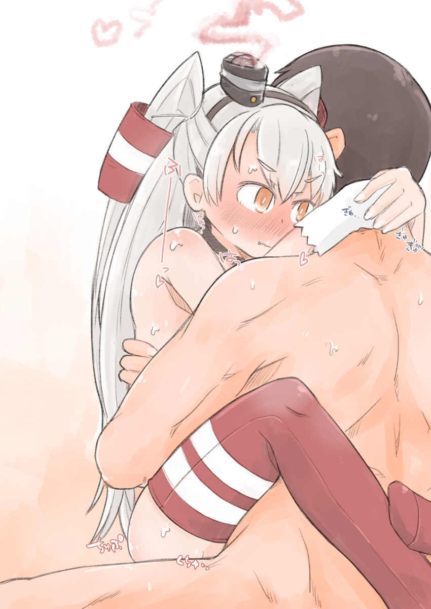 1boy amatsukaze_(kantai_collection) arms_around_neck blush enjaku_izuku female gloves grey_hair highres hug kantai_collection leg_lock long_hair lotus_position nude orange_eyes sex single_glove smoke smokestack_hair_ornament straddling straight sweat thighhighs upright_straddle