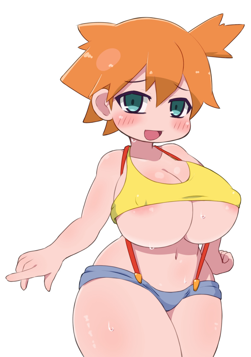 adapted_costume areola_slip areolae asymmetrical_hair bare_legs blush booty_shorts breasts chibi cowboy_shot denim denim_shorts female female_only female_solo game_freak green_eyes gym_leader high_resolution hips hotpants huge_breasts kasumi_(pokemon) large_breasts legs legs_together makino_nono navel nintendo nipple_bulge nipples no_bra orange_hair partially_visible_areolae pokemon pokemon_(game) pokemon_rgby ponytail red_hair shirt short_hair short_shorts shorts side_ponytail simple_background smile solo suspenders tank_top thick_thighs thighs tied_hair tight_clothes underboob white_background wide_hips wink yellow_shirt yellow_tank_top