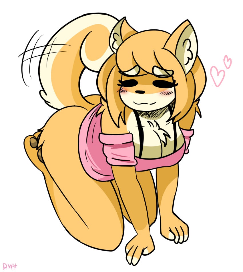 all_fours anthro blush blushing bottomless butterscotch_(peargor) canid canine canis canis_lupus_familiaris darkwolfhybrid dog domestic_dog female four_fingers heart hearts hindpaw mammal motion_lines pantsless pawpads pink_shirt shiba_inu short_hair signature smile smiling solo solo_female spitz tail tailwag wagging_tail white_background