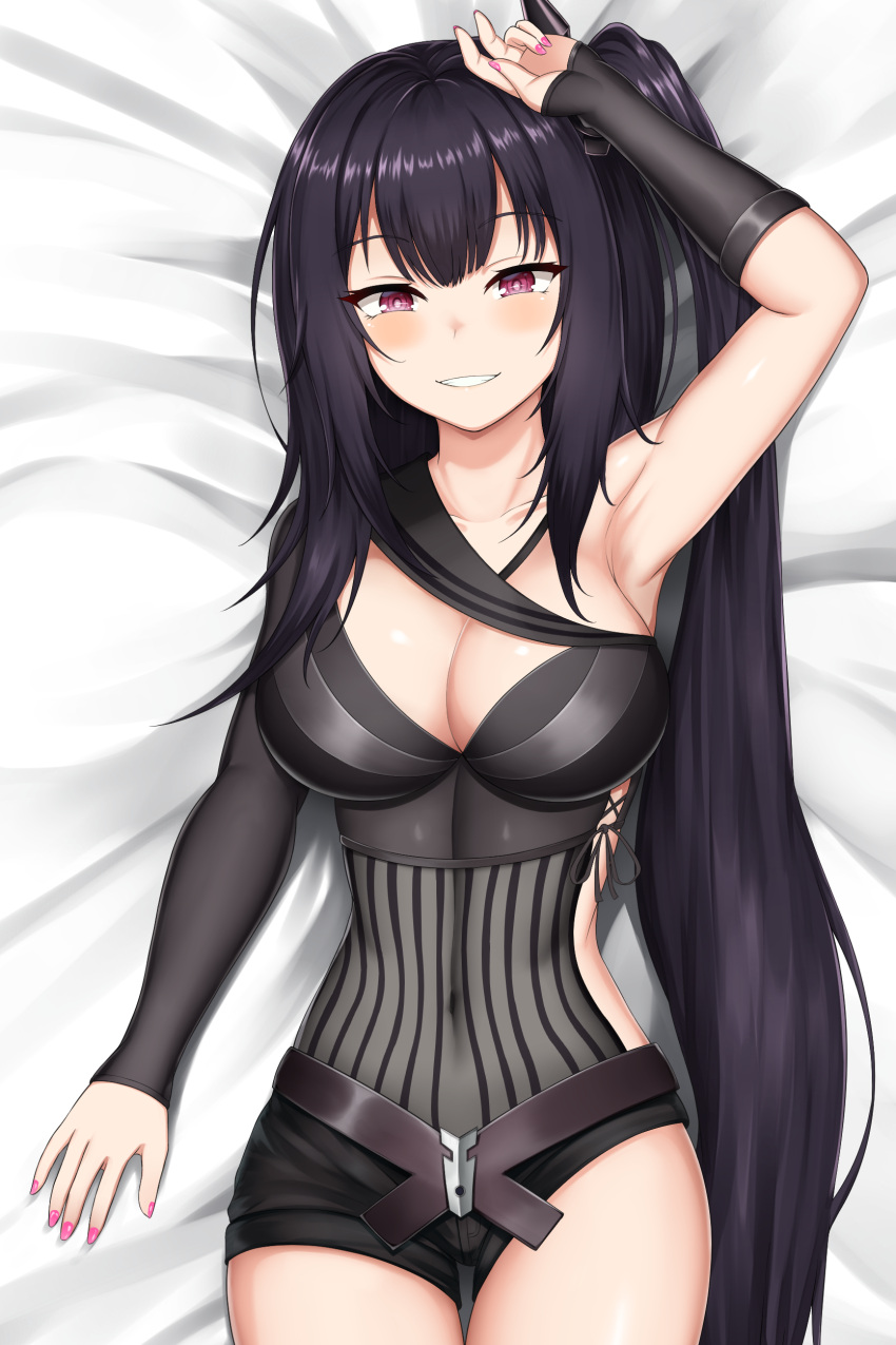 1girls architect_(girls'_frontline) armpits asymmetrical_clothes barettoarts black_hair blush breasts cameltoe cleavage collarbone dakimakura_design eyebrows_visible_through_hair female female_only girls'_frontline hair_between_eyes highres long_hair looking_at_viewer lying nail_polish pink_eyes pink_nails pinstripe_pattern side_ponytail smile solo striped teeth thighs very_long_hair