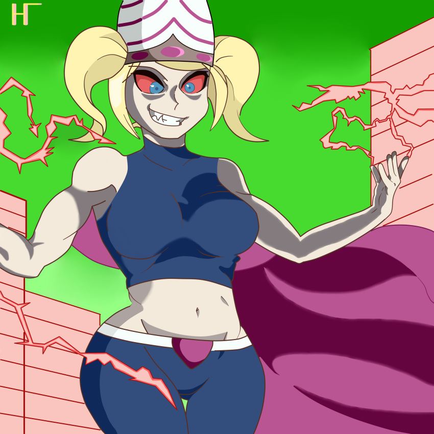 big_ass big_butt blonde blonde_hair blue_eyes breast bubbles_(powerpuff_girls) cartoon_network fanart female hugotaker muscular_female pants powerpuff_girls smile