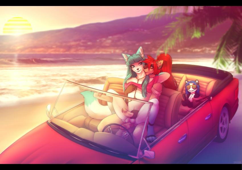 anthro beach canid canine car choppah clothing domestic_cat duo felid feline felis fondling footwear fox hi_res high_heels leona_(aka)_little_one male male/male mammal redsunatdawn seaside shoes sledge sunset vehicle