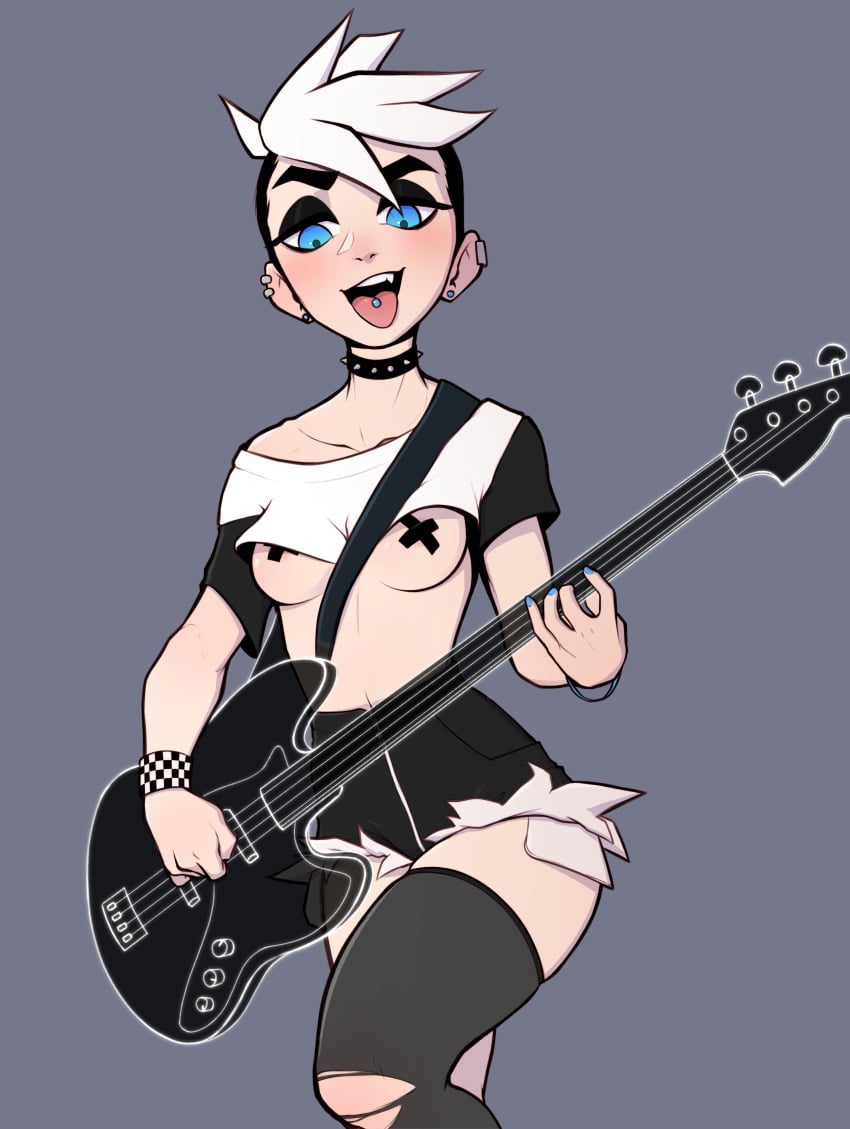 1girls bass_guitar blue_eyes blush clothed clothing crop_top ear_piercing eyeshadow female grey_background nipple_tape pudgeruffian punk side_shave small_breasts solo tape tongue tongue_out tongue_piercing torn_pantyhose underboob very_short_hair white_hair wristband