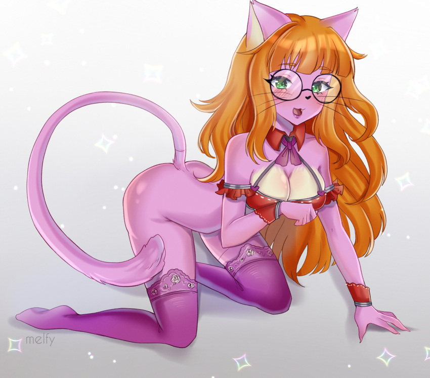 anthro beige_fur felin feline glasses melfy orange_hair original_character pink_fur pink_thighhighs smile two_tone_fur