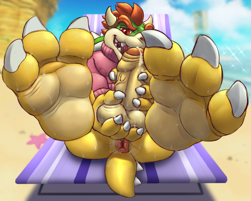 3_toes anus ass ball_grab balls beach beach_chair bodily_fluids bowser clothing feet foot_focus foreskin genital_fluids genitals hi_res humanoid_genitalia humanoid_penis koopa looking_at_viewer male male_only mario_(series) nintendo partially_retracted_foreskin penis penis_grab pink_clothing pink_sweater pink_topwear precum rad-lizer scalie seaside solo sweat sweater sweaty_balls sweaty_butt sweaty_feet sweaty_genitalia toes topwear video_games