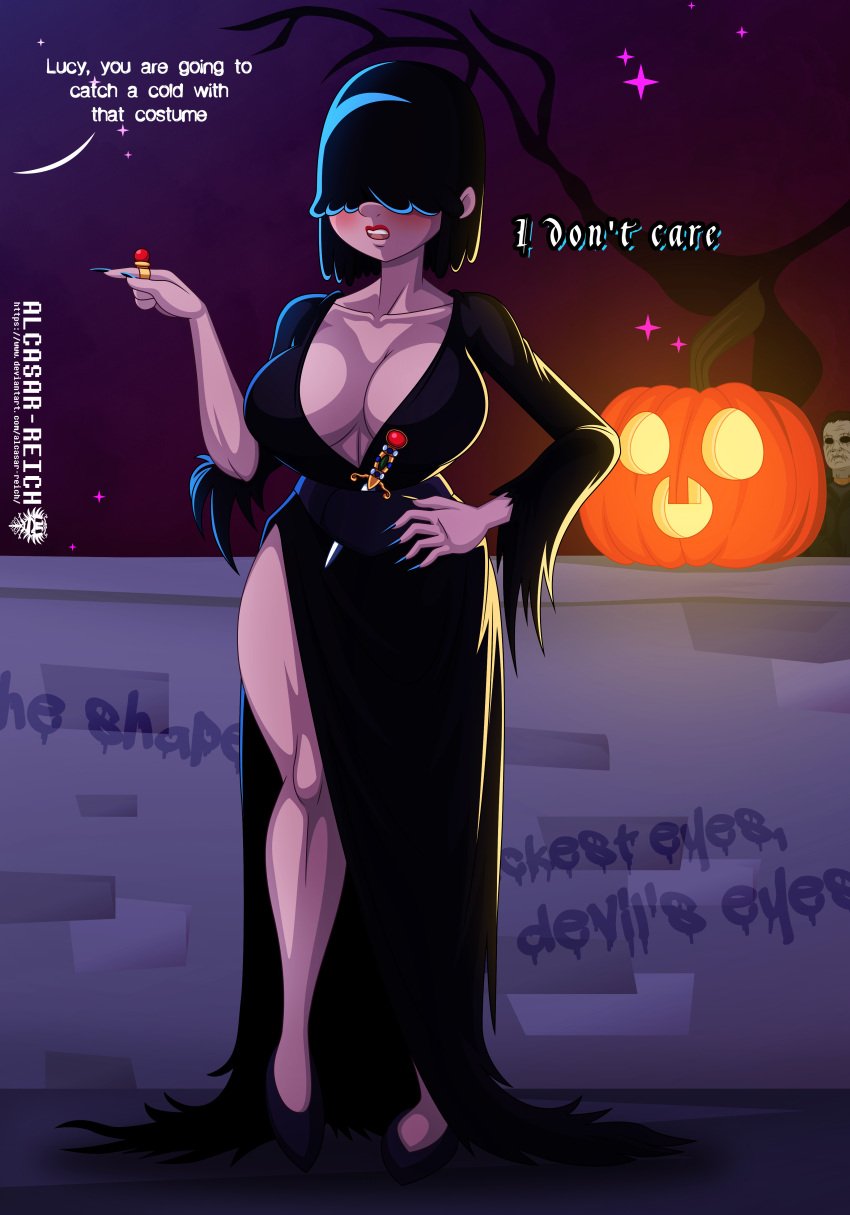 1girls aged_up alcasar-reich alternate_breast_size bare_legs big_breasts black_hair blush blushing breasts busty cleavage cosplay dress elvira:_mistress_of_the_dark elvira_(cosplay) female female_focus female_only goth goth_mommy hair_over_eyes halloween high_heels hourglass_figure large_breasts long_fingernails lucy_loud nail_polish nickelodeon pinup pinup_pose pose posing skin_tight solo speech_bubble standing text the_loud_house wide_hips