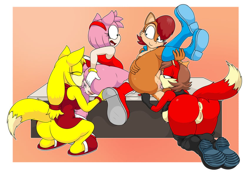 4girls absurd_res amy_rose anal anthro anus archie_comics ass big_ass bimbo bodily_fluids bottomless clothed clothing crouching dress female fiona_fox footwear furniture genitals group hi_res kneeling licking multiple_girls oral pants_down partially_clothed pussy raised_leg rimming saliva sally_acorn sex shoes simple_background sonic_(series) sonic_boom sonic_the_hedgehog_(archie) sonic_the_hedgehog_(comics) sonic_the_hedgehog_(series) table talking_to_another tinydevilhorns tongue tongue_out yuri zooey_the_fox