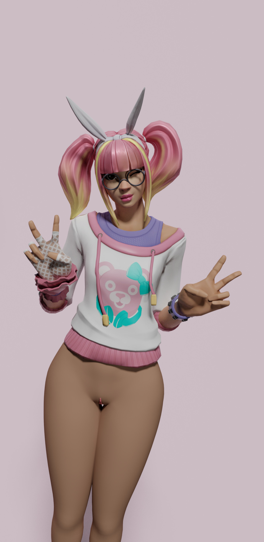 3d artist_request blender blender_(software) fortnite fortnitesfm happy lace_(fortnite) peace_sign pinup pussy solo tagme wink