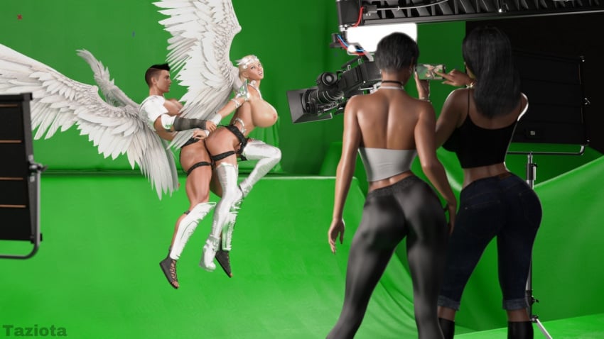 1boy 3d 4girls aaron_(taziota) angel angel_wings ass athletic athletic_female big_breasts big_penis bimbo blonde_hair breasts busty cleavage female from_behind from_behind_position hair high_heel_boots high_heels highres hourglass_figure large_breasts legs light-skinned_female light-skinned_male light_skin male movie_set muscles muscular muscular_male navel penetration porno_set pussy short_hair silver slushe_(website) stockings straight taziota thighs vagina vaginal_penetration valkyrie voluptuous watching watermark wedge_heels white_wings wings