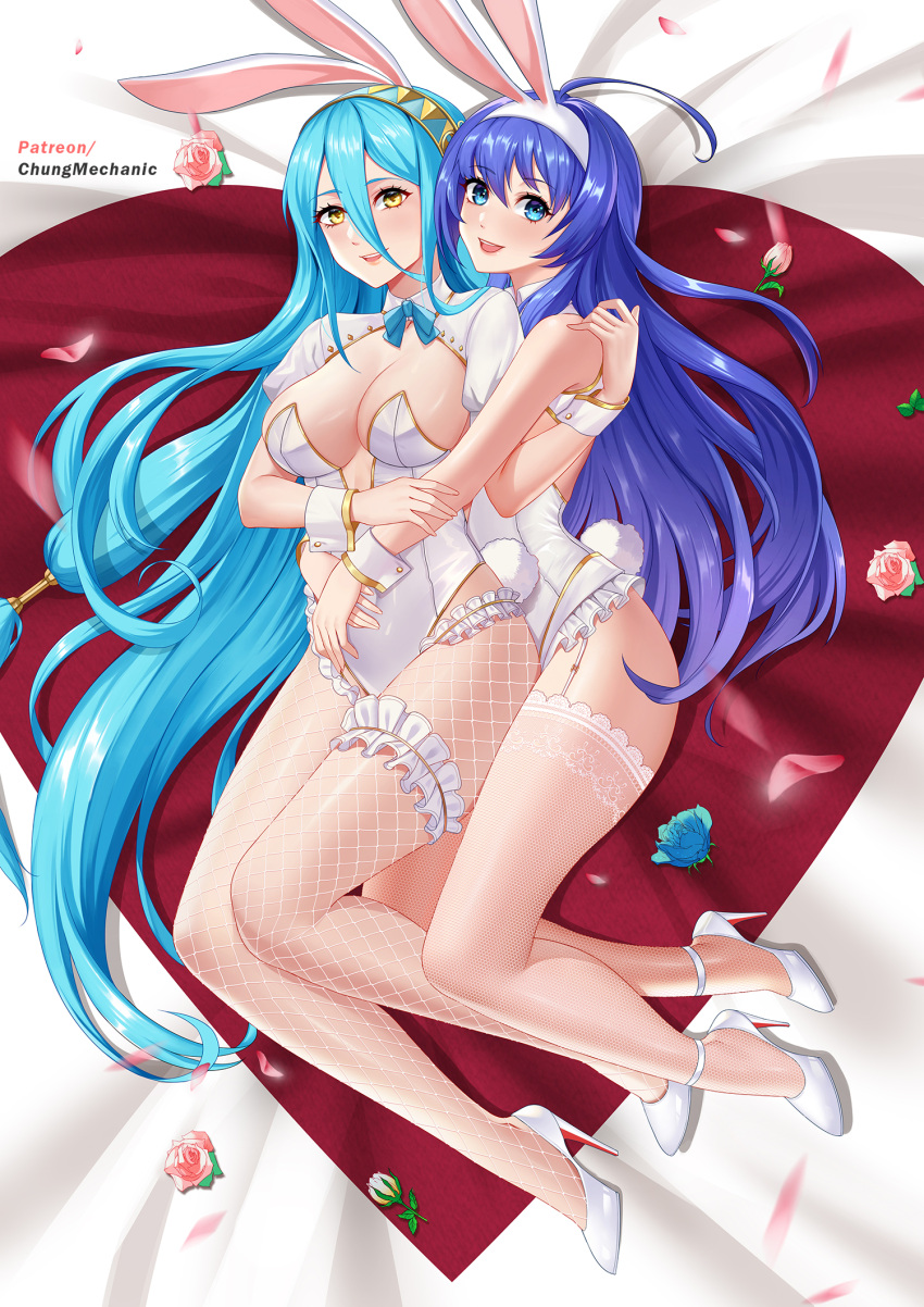 2girls animal_ears arc_system_works azura_(fire_emblem) bangs bed_sheet blue_eyes blue_flower blue_hair blue_rose breasts bunny_ears bunny_girl bunny_tail bunnysuit chungmechanic cleavage crossover eyebrows_visible_through_hair fake_animal_ears fake_tail fire_emblem fire_emblem_fates fishnet_legwear fishnet_stockings fishnets flower frilled_leotard frills from_above garter_straps hair_between_eyes hairband high_heels highres hug hug_from_behind leotard long_hair lying medium_breasts multiple_girls nintendo on_bed on_side orie_ballardiae pantyhose petals pink_flower pink_rose playboy_bunny purple_hair rose rose_petals strapless strapless_leotard tail thighhighs two-tone_hairband under_night_in-birth very_long_hair white_footwear white_hairband white_legwear white_leotard wrist_cuffs yellow_eyes yuri