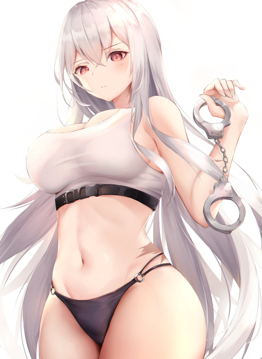 1girls azur_lane bare_arms bare_thighs big_breasts bikini_bottom black_bikini black_panties breasts curvy female handcuffs kisaki_oni light-skinned_female light_skin long_hair navel no_pants northern_parliament_(azur_lane) panties red_eyes sleeveless sovetskaya_rossiya_(azur_lane) sovetskaya_rossiya_(the_lackadaisical_lookout)_(azur_lane) tank_top thick_thighs thighs thin_arms white_hair wide_hips