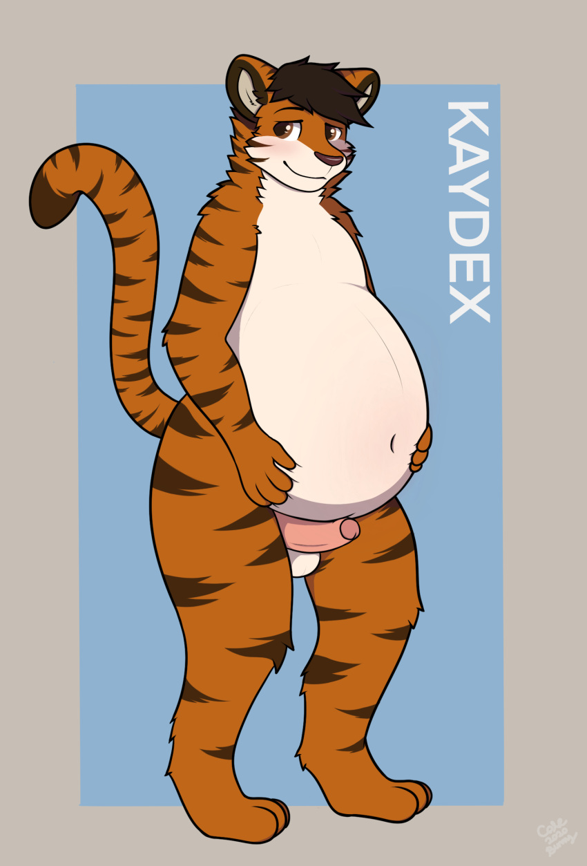 1boy anthro belly big_belly blush domestic_cat expecting felid feline felis foreskin genitals hi_res kaydex male male_only male_pregnancy mammal pantherine partially_retracted_foreskin penis pregnant presenting solo tiger uncut yiko_(artist)