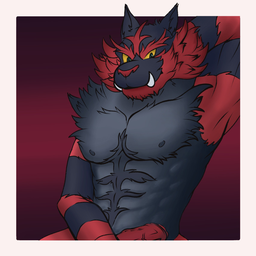 abs anthro fangs felid feline foreskin fur genitals hi_res incineroar looking_at_viewer male male_only mammal muscular muscular_anthro muscular_male nintendo partially_retracted_foreskin penis pokémon_(species) pokemon sharp_teeth solo stripes teeth temere_artifex uncut vein veiny_penis video_games yellow_eyes