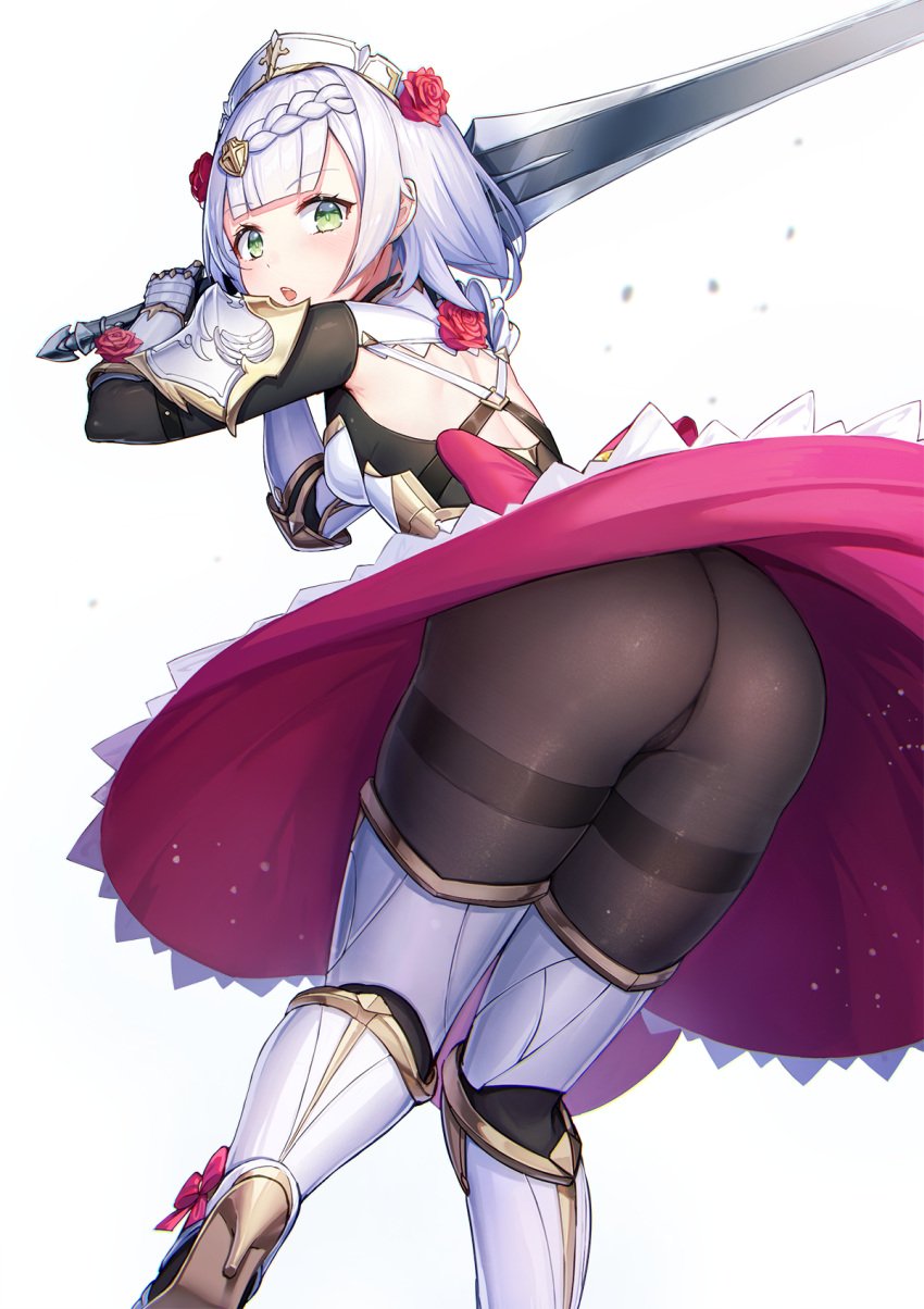 1girls amano_misaki_(artist) armor ass attacking_viewer backpussy bangs bent_over braid butt dress dress_lift female female_only fully_clothed genshin_impact green_eyes high_heels looking_back maid noelle_(genshin_impact) pantyhose short_hair solo solo_female sword tagme thick thick_thighs