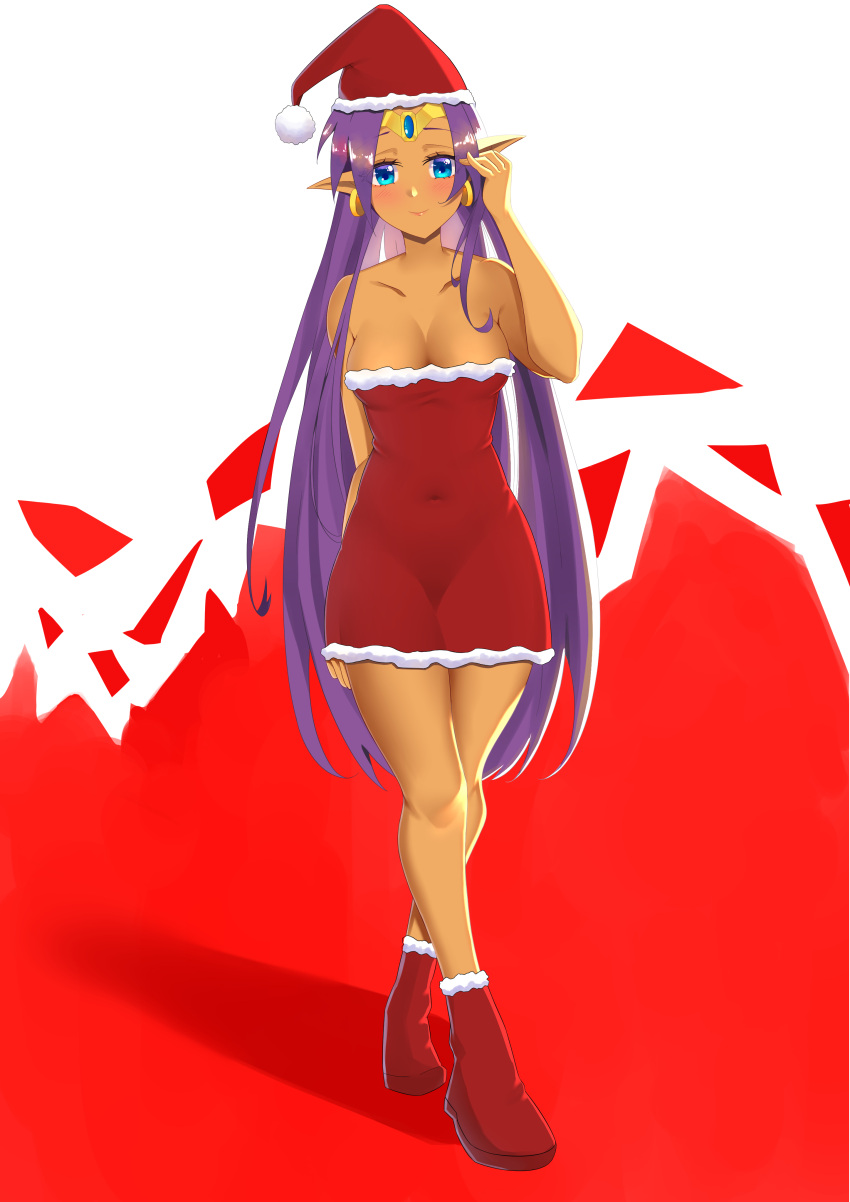 1girls bare_shoulders blue_eyes blush breasts brown_skin christmas cleavage closed_mouth dark-skinned_female dark_skin earrings female_only full_body hair_down hand_on_head highres hoop_earrings jewelry legs lolixia long_hair looking_at_viewer pointy_ears purple_hair santa_boots santa_costume santa_hat shantae shantae_(character) simple_background smile smooth_skin solo standing tan_skin thighs tiara very_long_hair