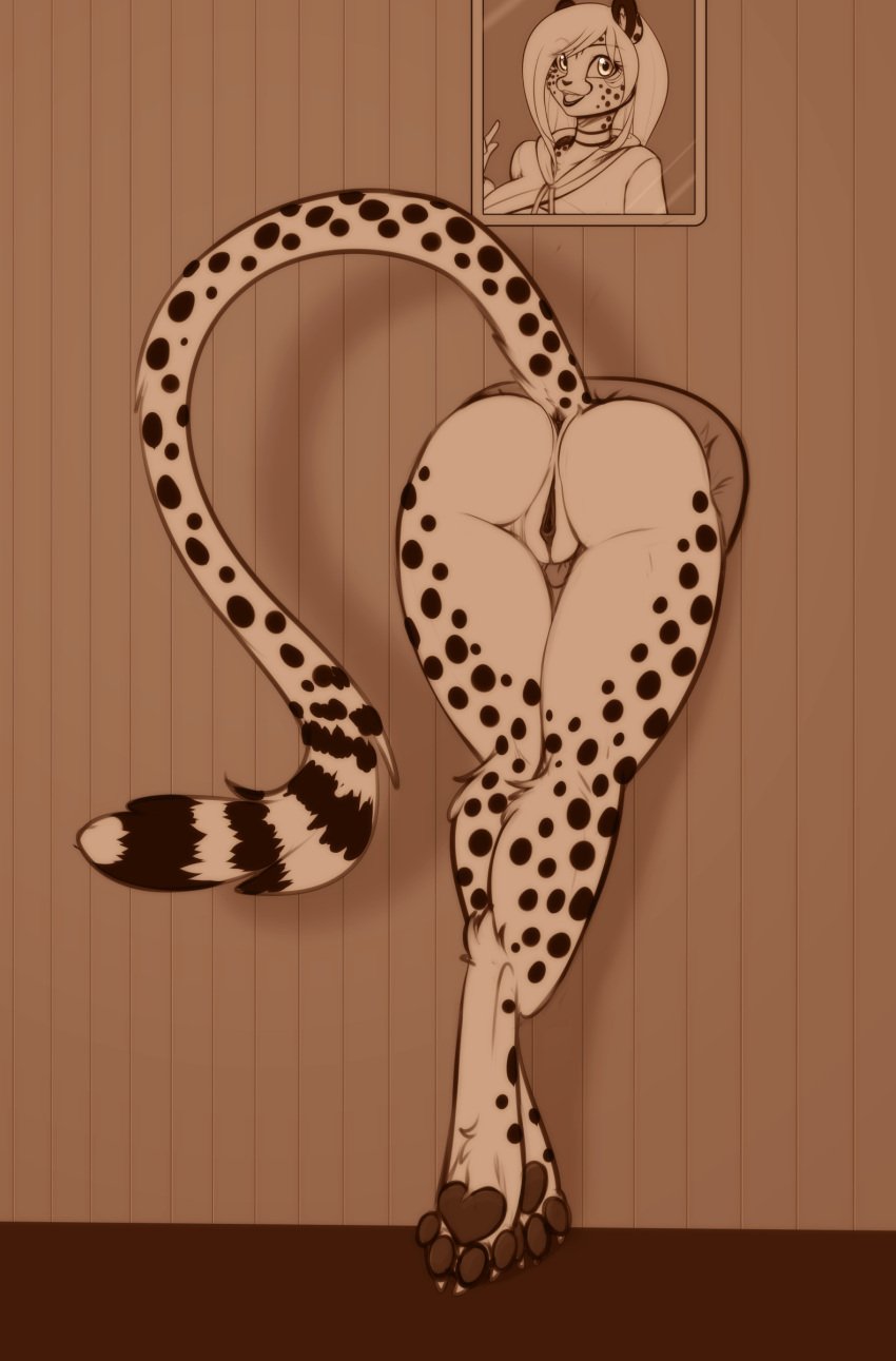 absurd_res amber_eyes anus ass bent_over brown_theme cheetah felid feline female female_only genitals hi_res hindpaw long_tail mammal mihari monochrome open_mouth open_smile original original_character pawpads paws portrait_(object) pussy raised_tail restricted_palette scorpdk sepia smile thick_thighs thighs through_wall