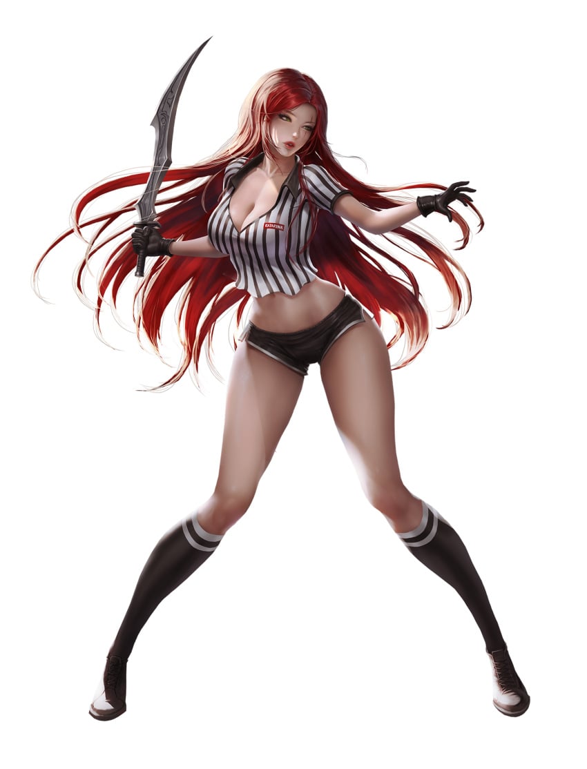 big_breasts calf_socks female football_(american) gloves green_eyes katarina_du_couteau league_of_legends lexaiduer long_hair red_card_katarina red_hair referee scar short_shorts shorts simple_background soccer_cup_series socks striped_clothing sword the_grind_series weapon white_background