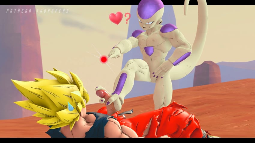 16:9 2boys 3d bodily_fluids clothed clothing desert digital_media_(artwork) dragon_ball duo feet foot_fetish foot_on_penis foot_play footjob frieza gay genitals hand_on_hip hi_res male male/male male_only outside penis sex son_goku source_filmmaker super_saiyan sweat sweatdrop twopapers white_body widescreen yaoi