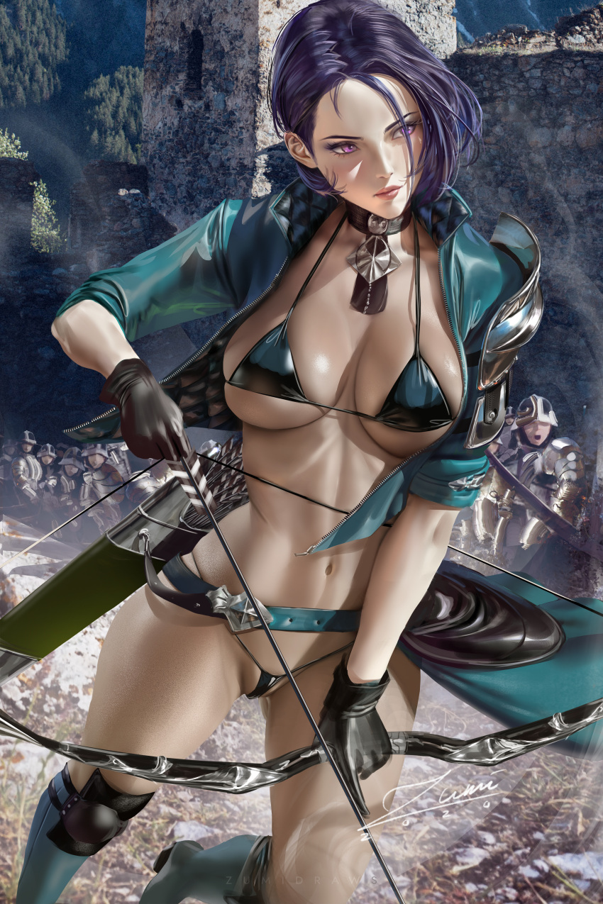1girls 2020 2d archer arrow_(projectile) artist_signature bare_midriff bare_thighs big_breasts bikini boots bow_(weapon) breasts drawing_bow female female_focus female_only fire_emblem fire_emblem:_three_houses heel_boots knee_boots large_breasts lips micro_bikini midriff nintendo open_clothes open_shirt outside purple_eyes purple_hair quiver shamir_nevrand short_hair skimpy skimpy_clothes skindentation soldiers solo solo_female sweat thick_lips zumi