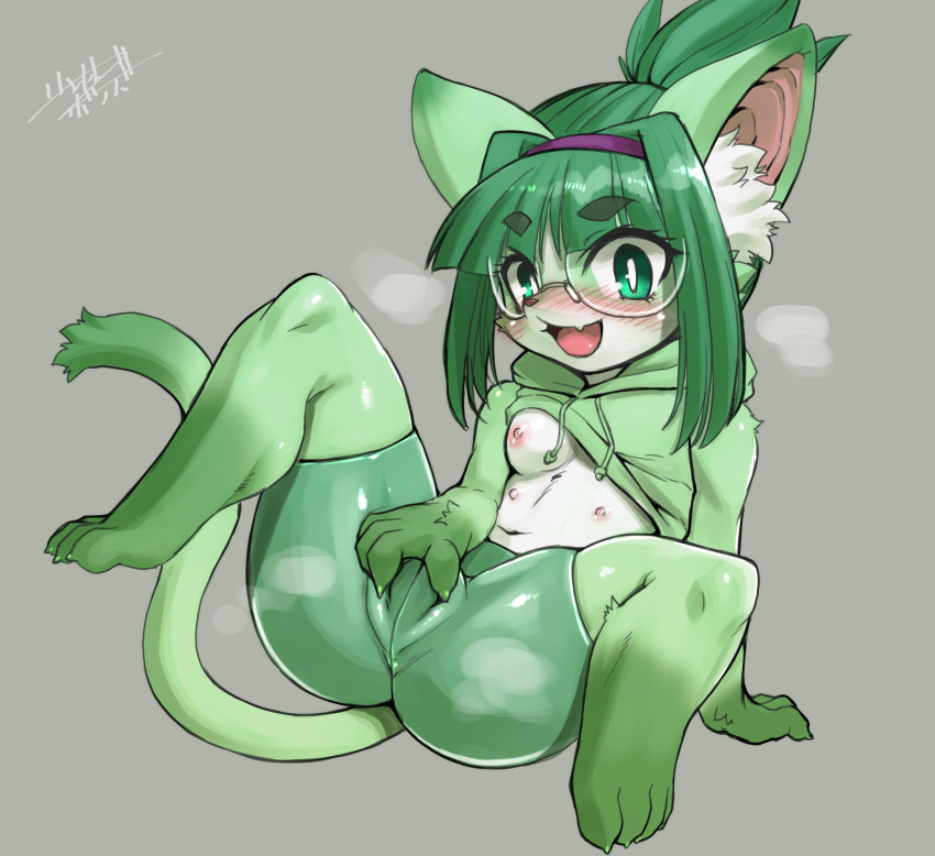 anthro blush breasts domestic_cat eyewear felid feline felis female fur glasses green_body green_fur hi_res mammal midori_(nakagami_takashi) multi_nipple nipples simple_background solo spread_legs spreading syourinbonzu