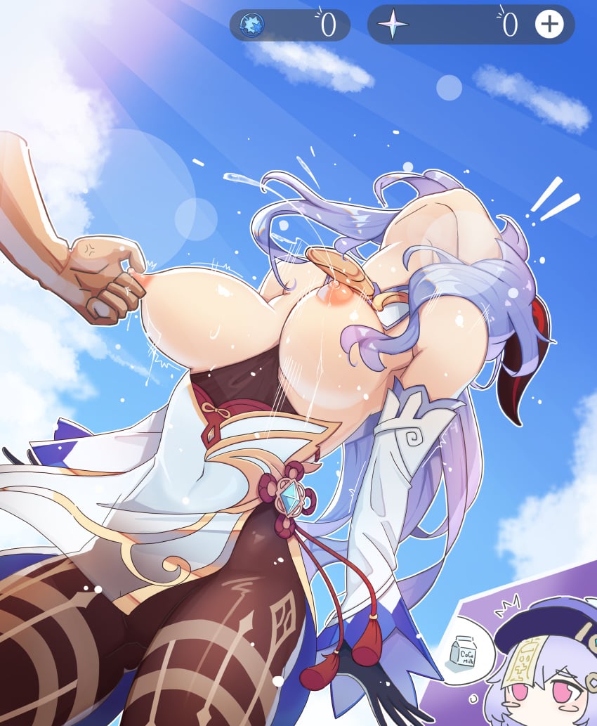 1boy 2girls absurdres ahoge anger_vein angry bare_shoulders bell between_breasts blue_hair blue_sky blush_stickers bodysuit bodysuit_pull breasts breasts_out clothes_between_breasts clothes_lift clothes_pull cloud cowbell detached_sleeves drink engineer_kim female_orgasm ganyu_(genshin_impact) genshin_impact goat_horns hat highres horns lactation large_breasts long_sleeves looking_up milk milk_carton multiple_girls nipple_tweak nipples no_bra orgasm pinching qiqi_(genshin_impact) sky thought_bubble vision_(genshin_impact)