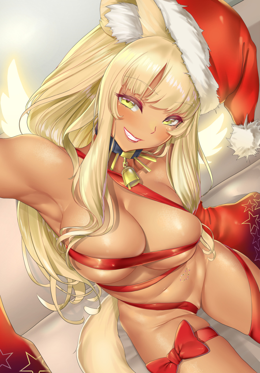 1girls animal_ear_fluff animal_ears bangs bell bell_choker blonde_hair blush breasts choker christmas_outfit dark-skinned_female dark_skin detached_sleeves energy_wings fate/grand_order fate/grand_order_arcade fate_(series) fox_ears fox_girl fox_tail grin gyaru hat highres kariza large_breasts long_hair looking_at_viewer navel nude red_ribbon ribbon santa_hat smile suzuka_gozen_(fate) suzuka_gozen_(santa) suzuka_gozen_(santa)_(fate) tail tan tanned thighs wide_sleeves yellow_eyes