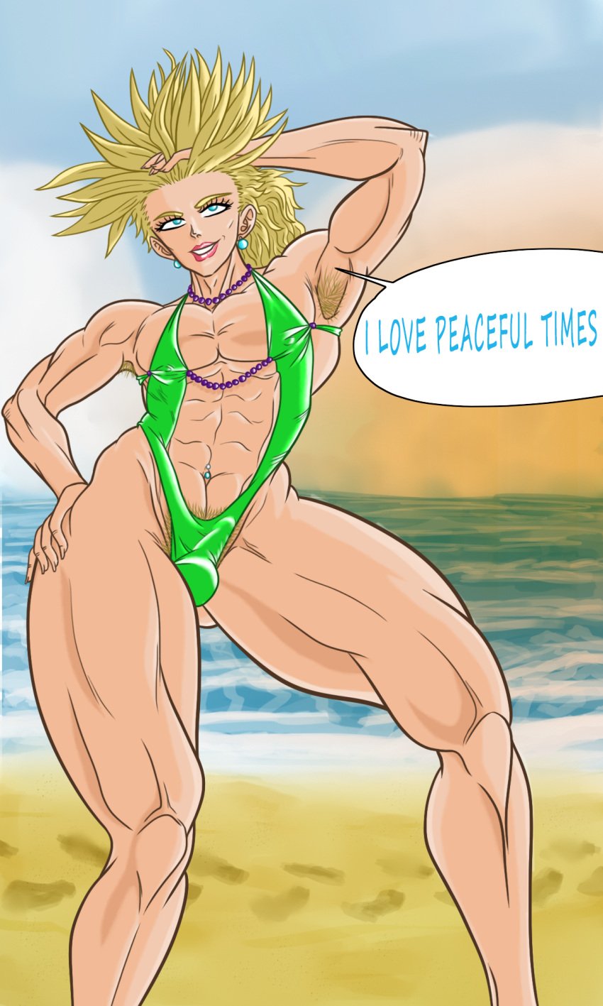 abs bad_anatomy balls_in_panties beach bikini bulge dragon_ball dragon_ball_z earrings hairy_armpits hairy_balls lipstick muscular_arms muscular_femboy muscular_legs muscular_thighs muscular_trap navel_piercing one-piece_swimsuit pearls penis_in_panties sissy super_saiyan thick_legs thick_thighs trap trunks_briefs visualdrool