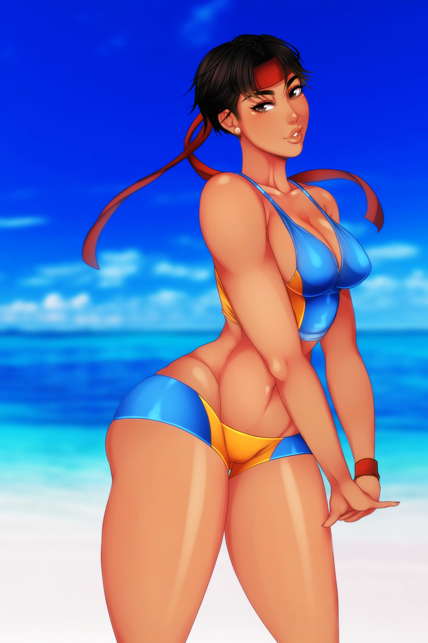 1girls absurd_res amaru_(rainbow_six) beach breasts brown_eyes brown_hair cleavage dark-skinned_female female female_only headband hi_res latina law-zilla looking_at_viewer midriff peruvian_female rainbow_six rainbow_six_siege short_hair solo swimsuit tan tan_skin thick_thighs thighs tom_clancy wide_hips